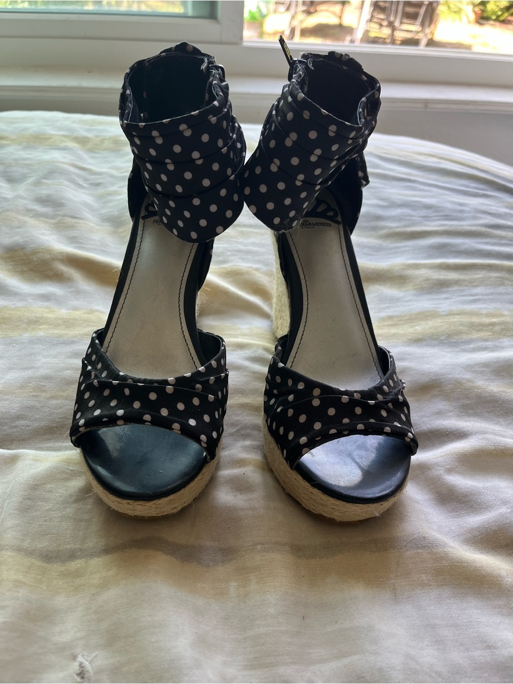 Fergalicious Black Polka Dot Ankle-Wrap Wedge Sandals